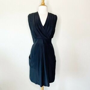 Kenneth Cole Silk Faux Wrap Pocket Black Dress NWT